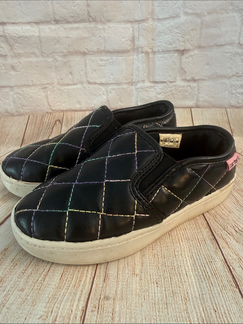 Carter's Black Quilted Slip-On Sneakers with Rainbow Stitching- Size 10 Toddler